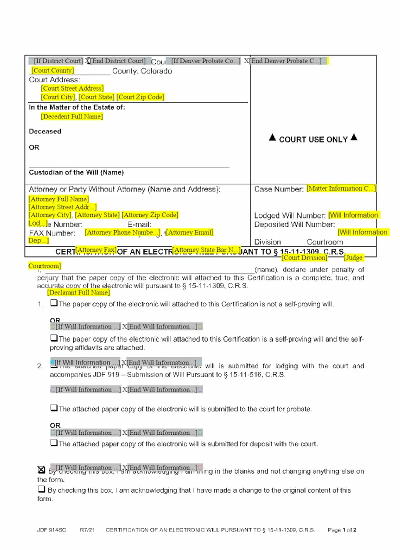 Certification of Electronic Will (JDF 914)