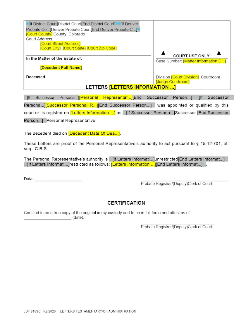Letters Testamentary/of Administration (JDF 915)