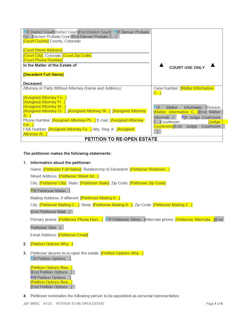 Petition to Re Open Estate (JDF 990)