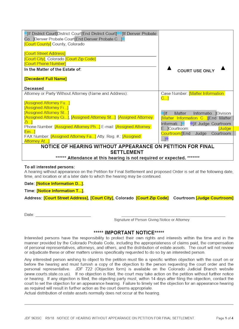 Notice of Hearing without Appearance, Final Settlement (JDF 963)
