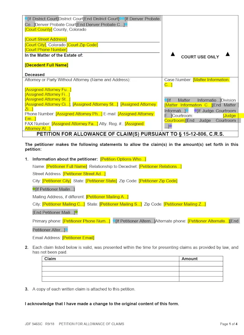 Petition for Allowance of Claims (JDF 946)