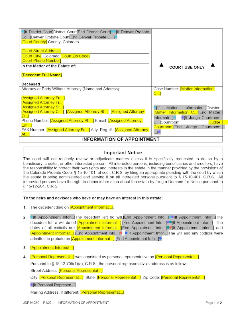 Information of Appointment (JDF 940)