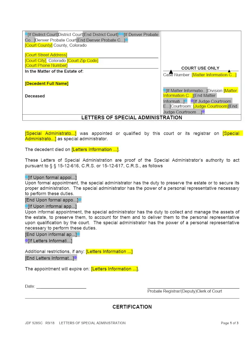 Letters of Special Administration (JDF 928)