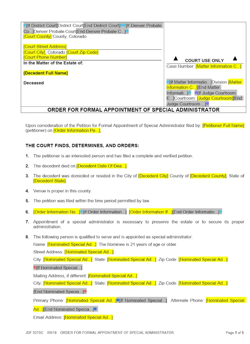Order for Formal Appointment of Special Admin (JDF 927)