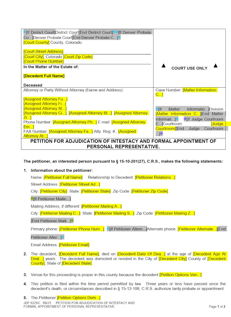 Petition for Adjudication of Intestacy and Formal Appointment of PR (JDF 922)