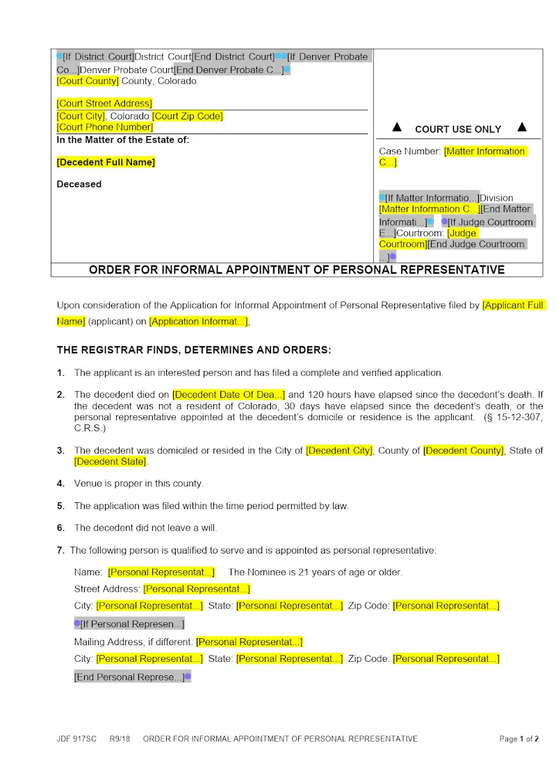 Order for Informal Appointment of PR (JDF 917)