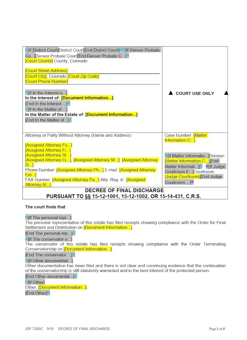 Decree of Final Discharge (JDF 730)