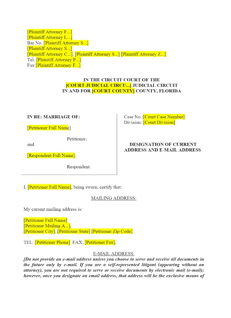 Designation of Current Address and Email Address