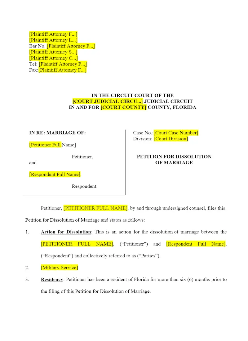 Petition for Dissolution without Property without Children