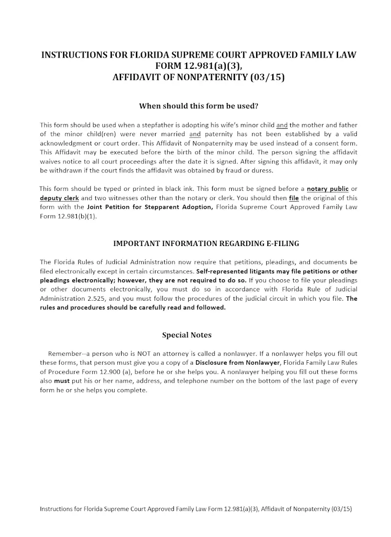 Affidavit of Nonpaternity (Form 12.981a3)