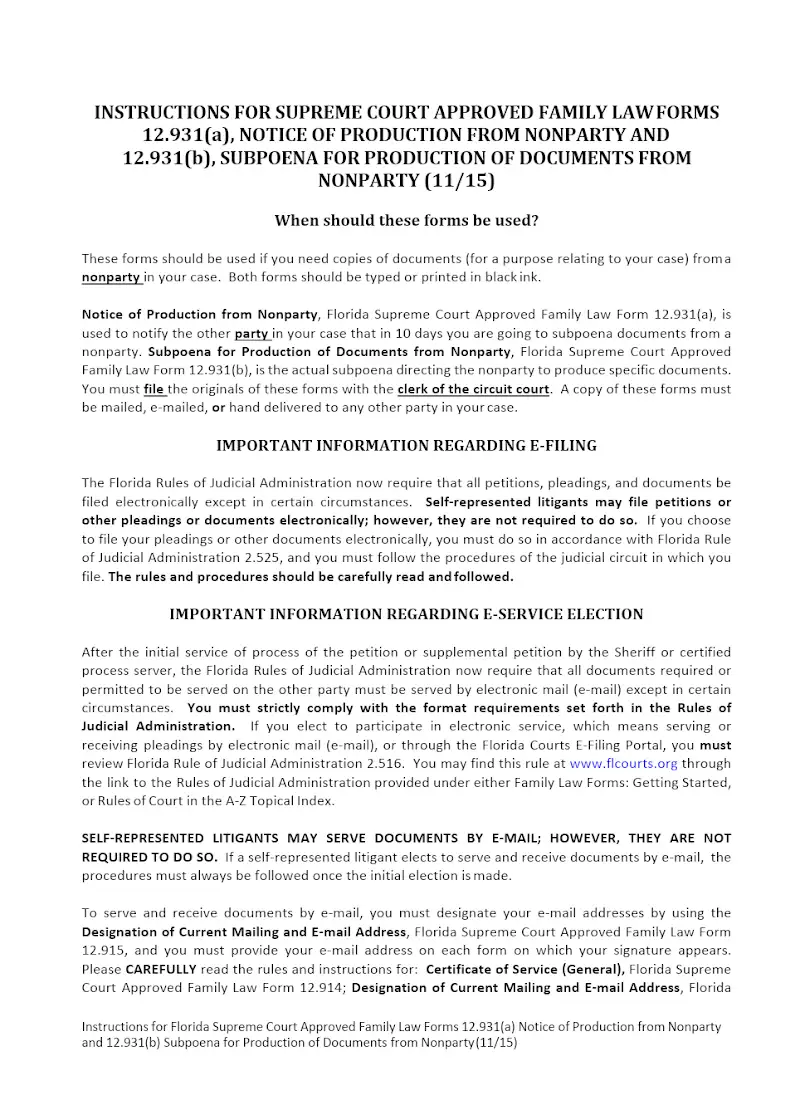 Subpoena for Production of Documents from Nonparty (12.931(a-b) )