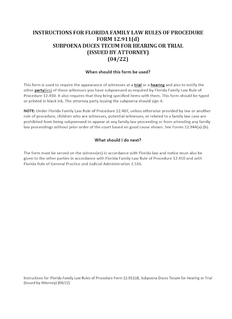 Subpoena Duces Tecum for Hearing or Trial (12.911(d) )