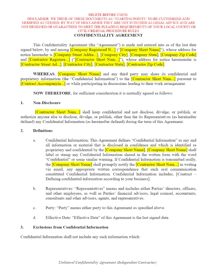 Confidentiality Agreement (Independent Contractor)