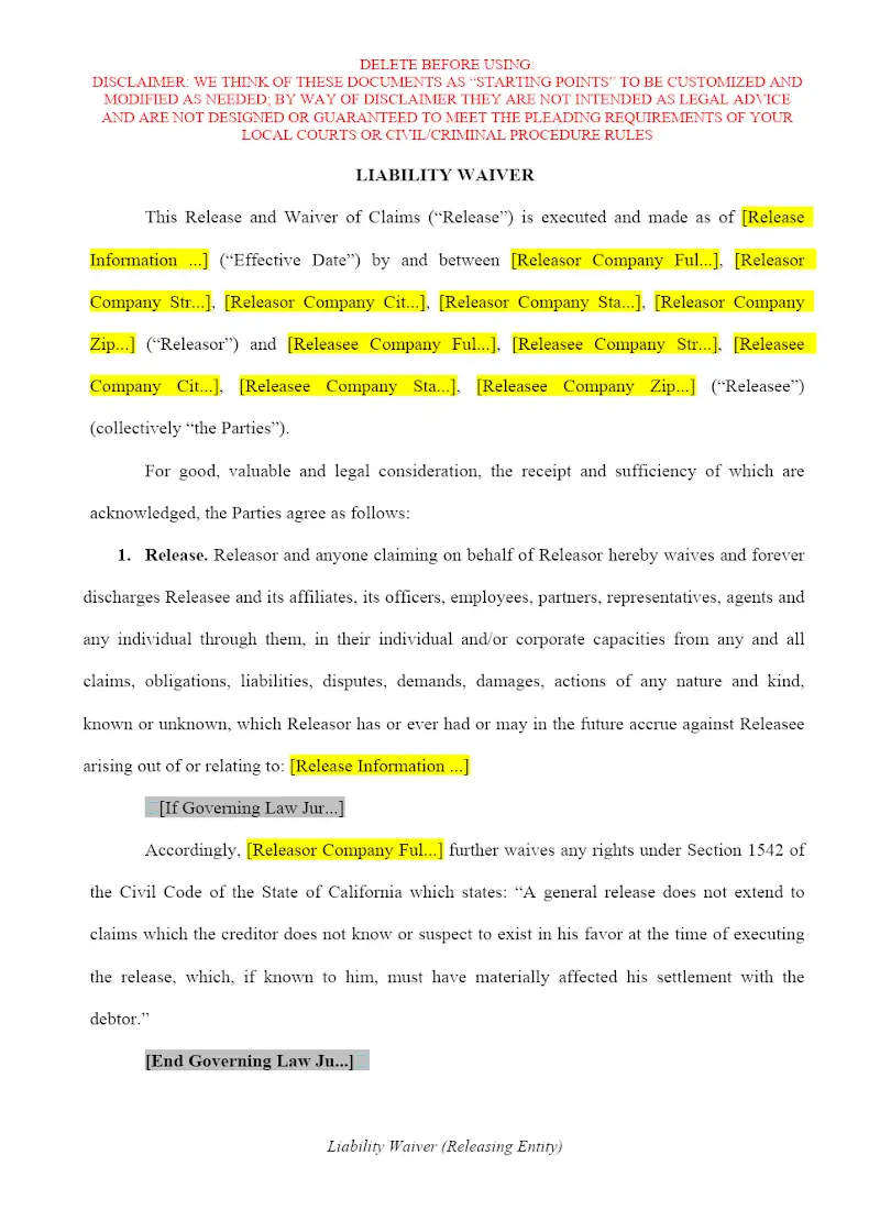 Liability Waiver (Releasing Entity)
