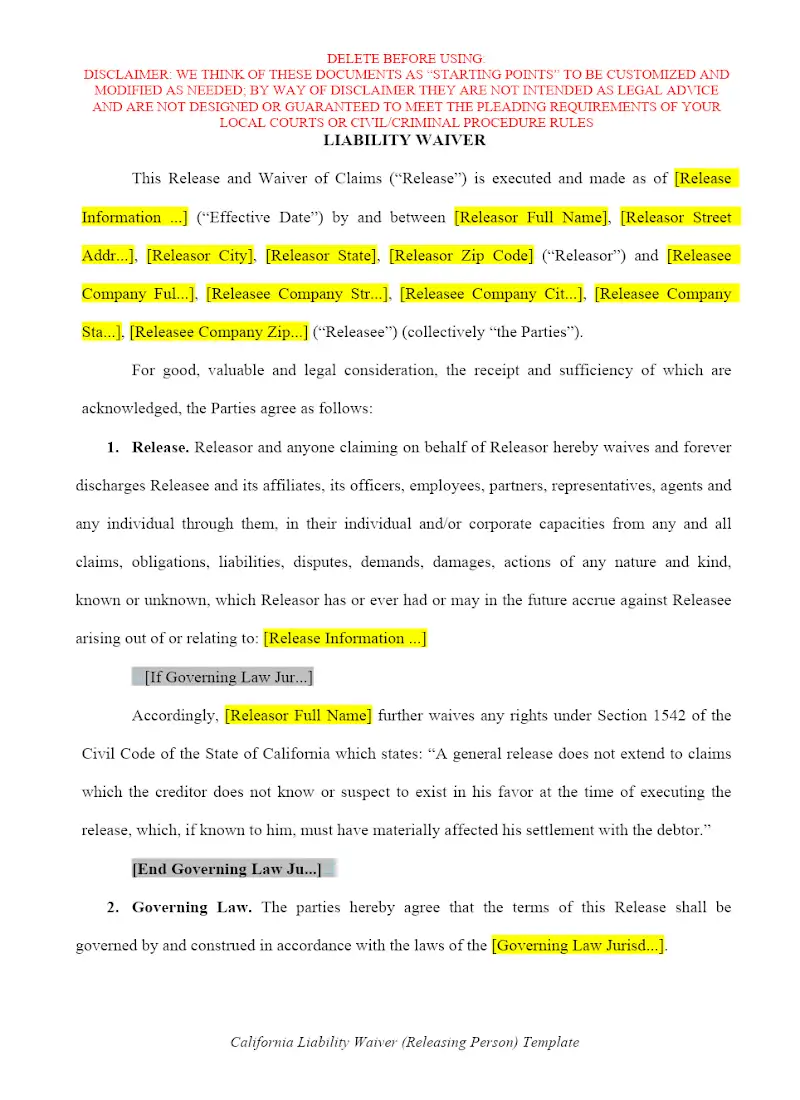 Liability Waiver (Releasing Person)