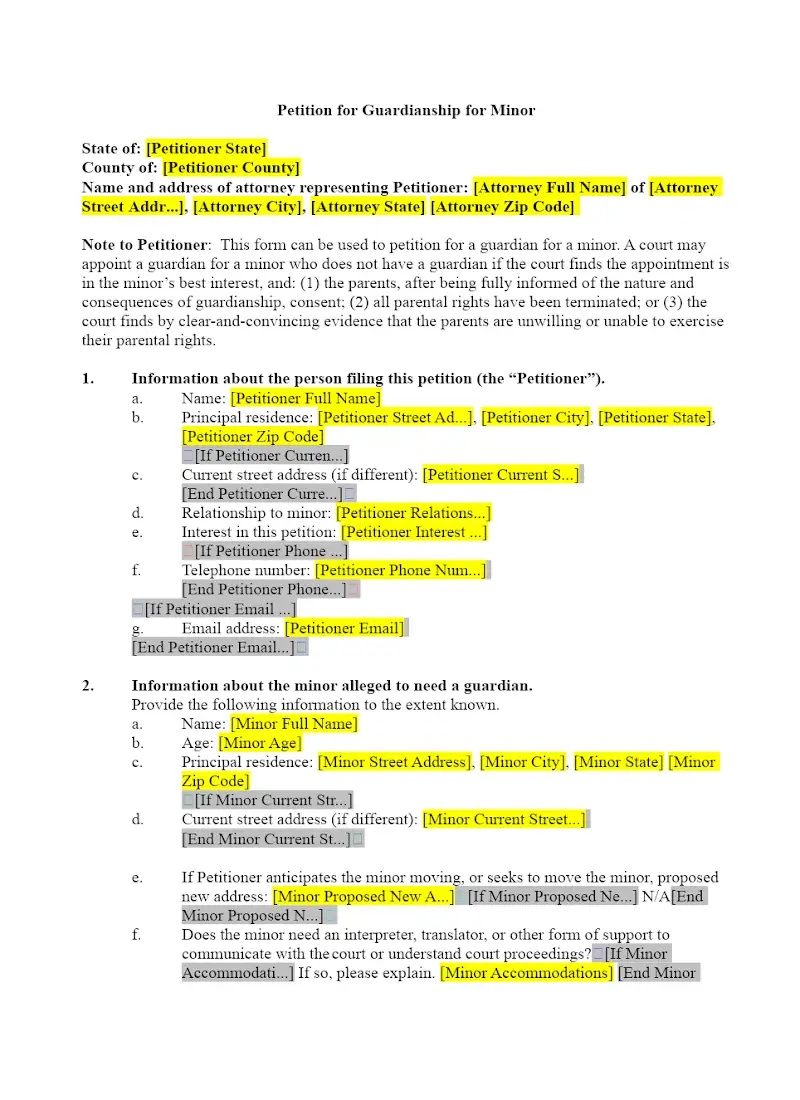 Petition for Guardianship for Minor