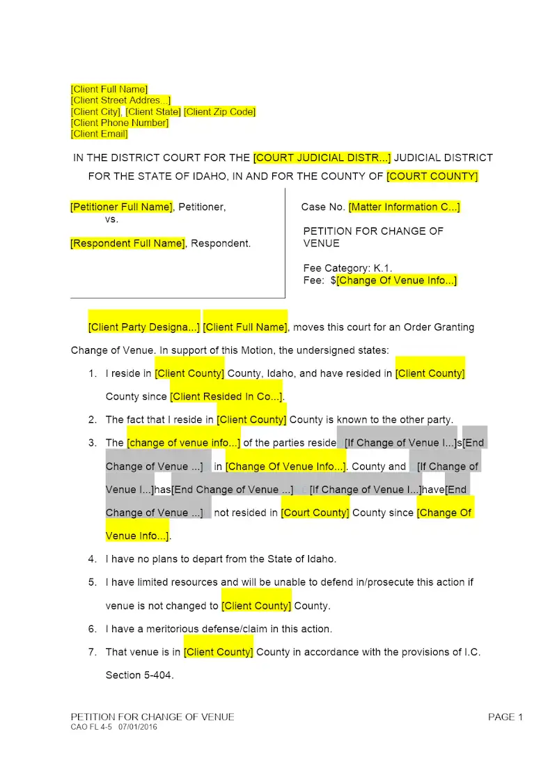 Petition for Change of Venue