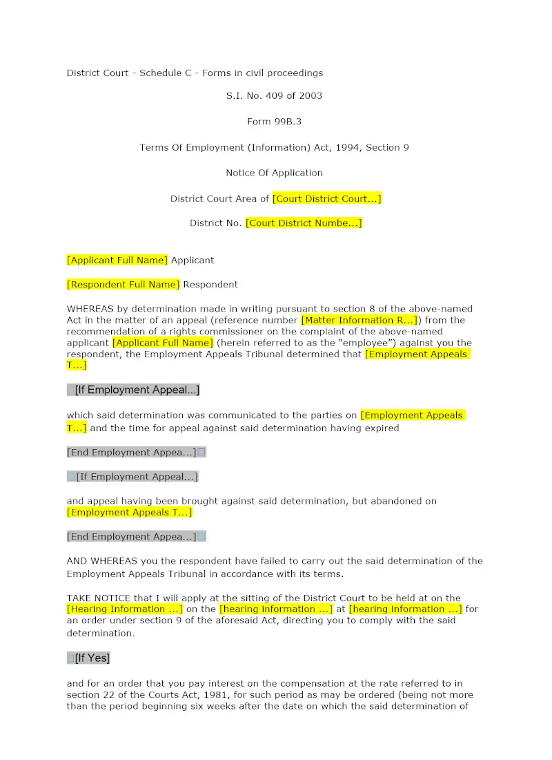 Notice of Application - Terms of Employment Information Act (99B.3)