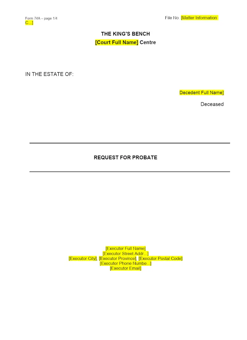 Request for Probate (Form 74A)