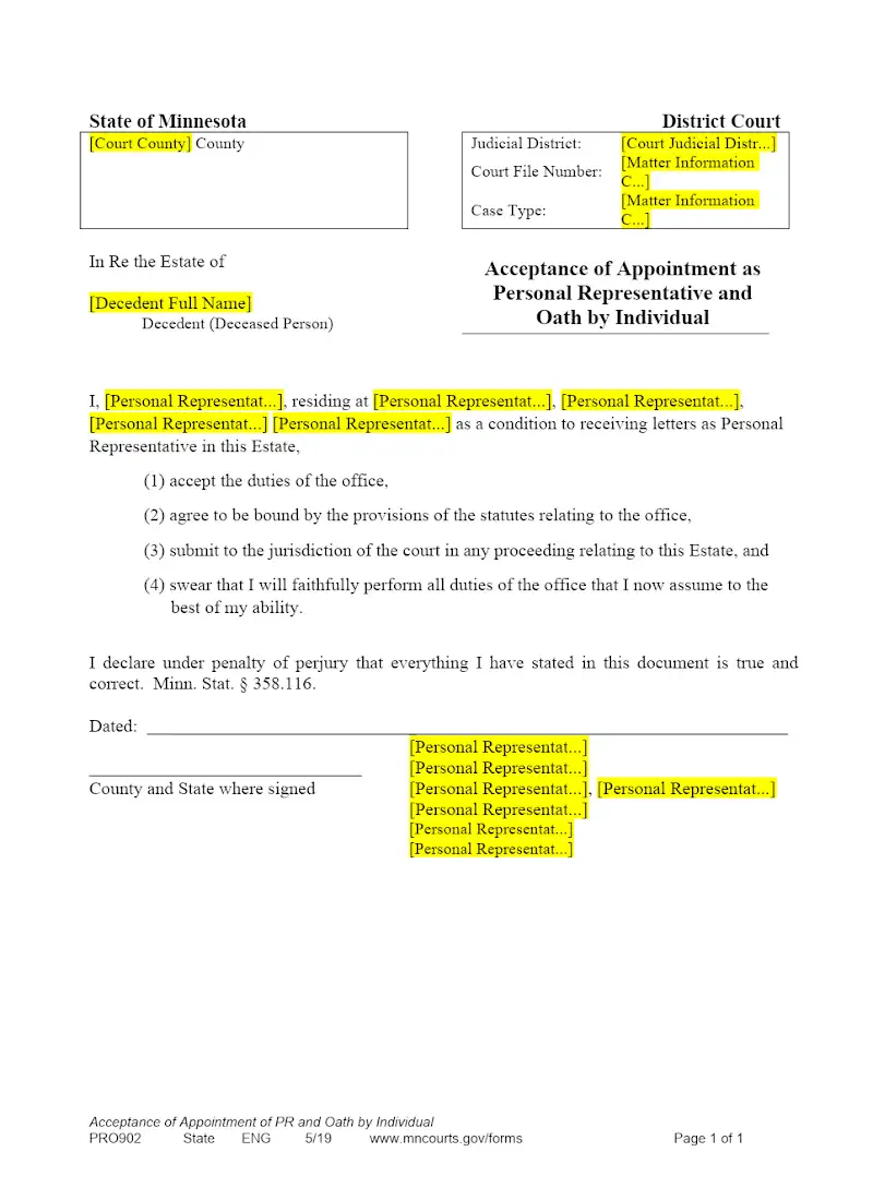 Acceptance of Appointment as PR and Oath (PRO902)