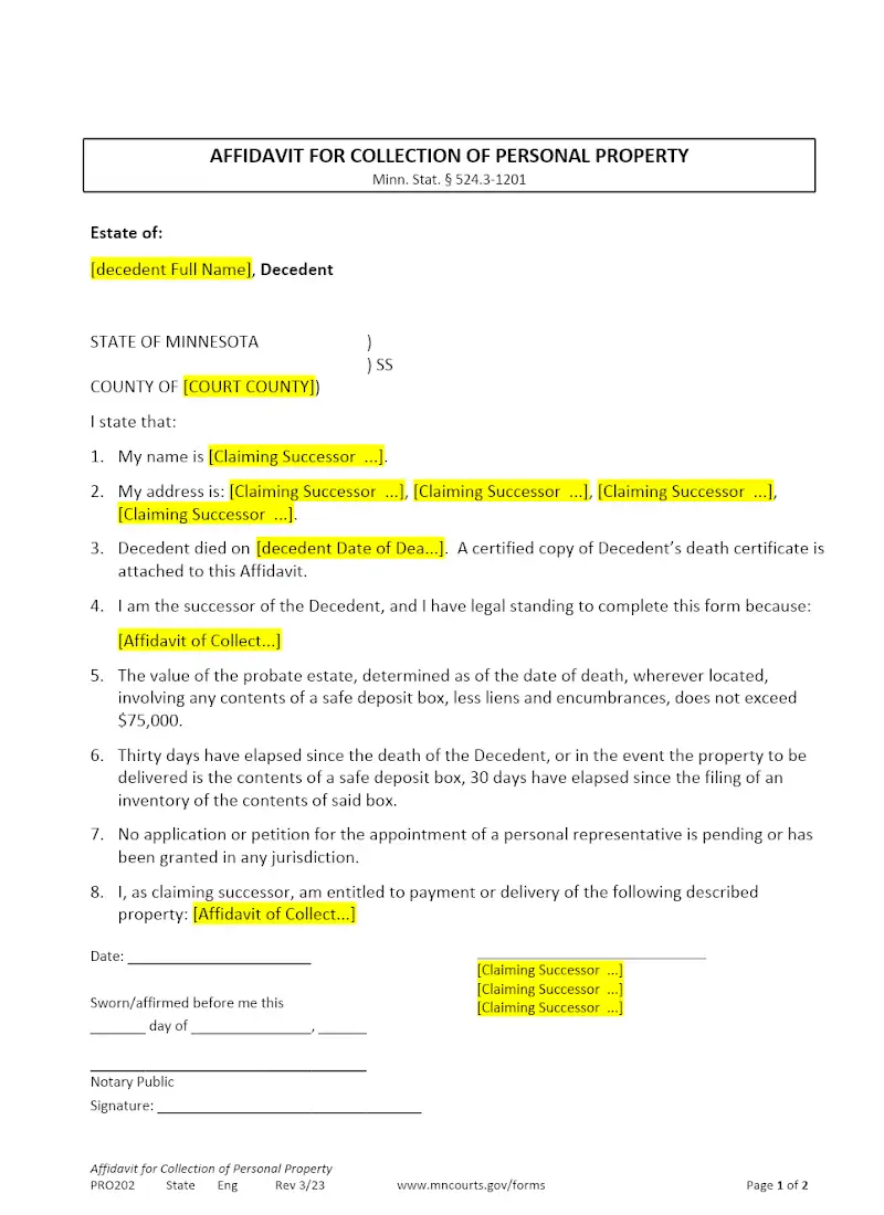 Affidavit of Collection of Personal Property (PBT 202)