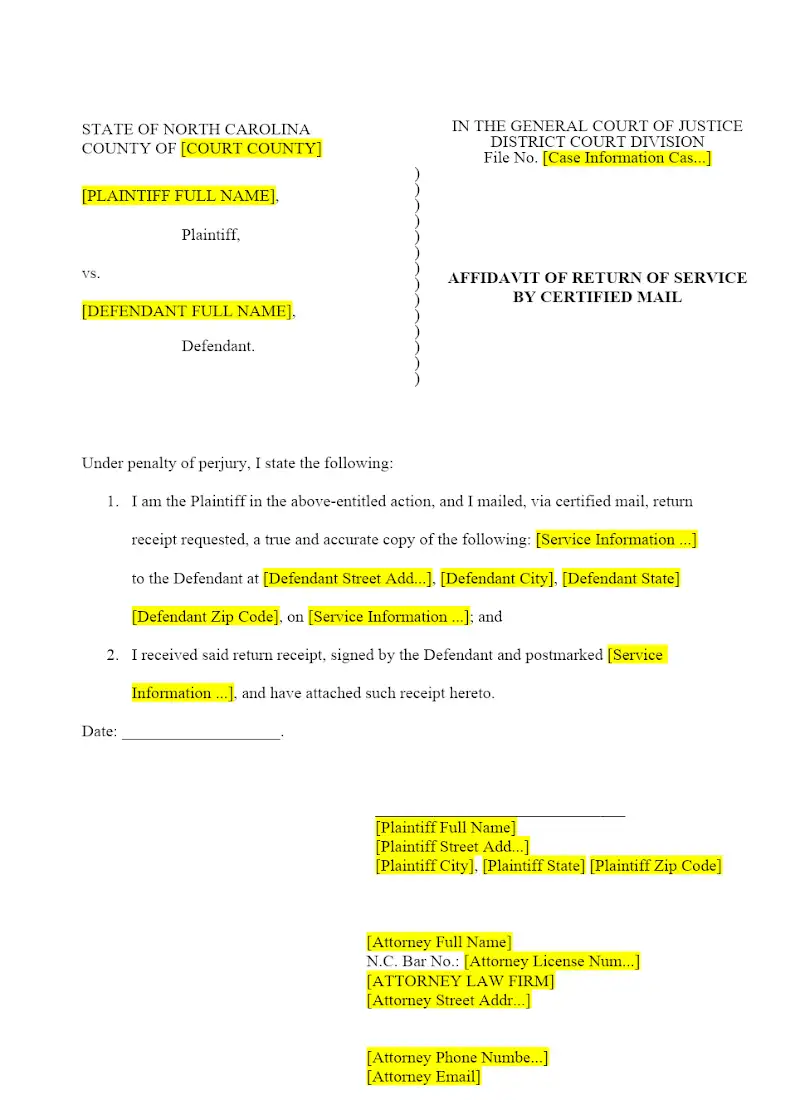 Affidavit of Return of Service by Certified Mail