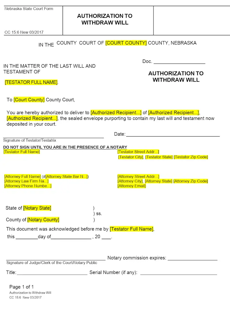 Authorization to Withdraw Will (CC 15:6)