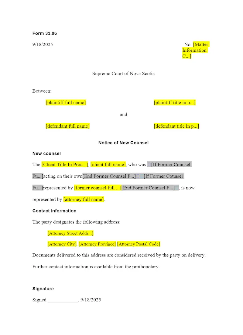 Notice of New Counsel (Form 33.06)