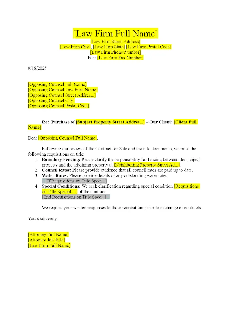 Letter re Requisitions on Title