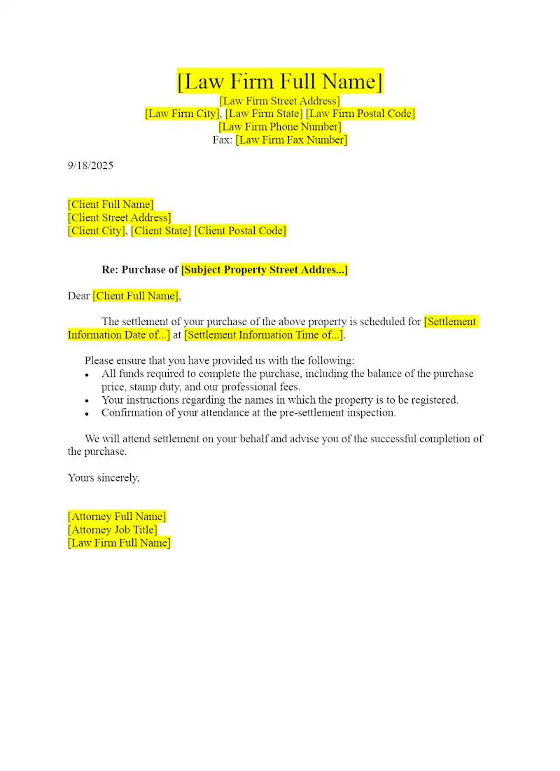 Pre-Settlement Letter