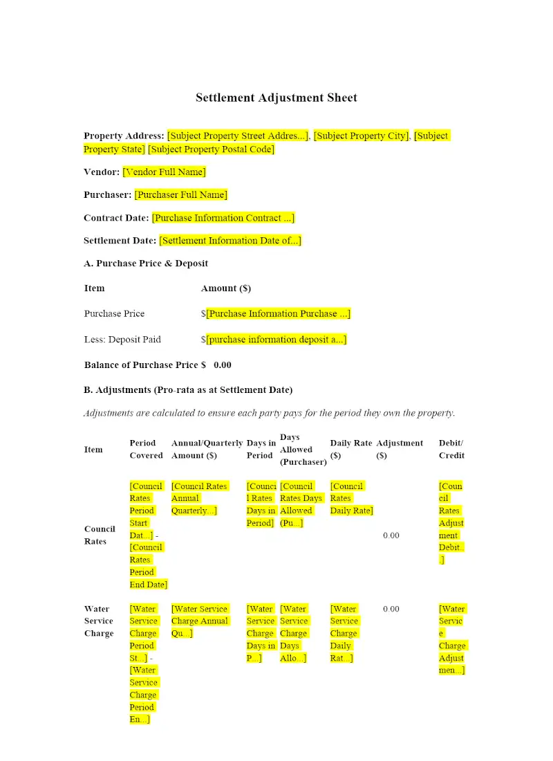 Settlement Adjustment Sheet