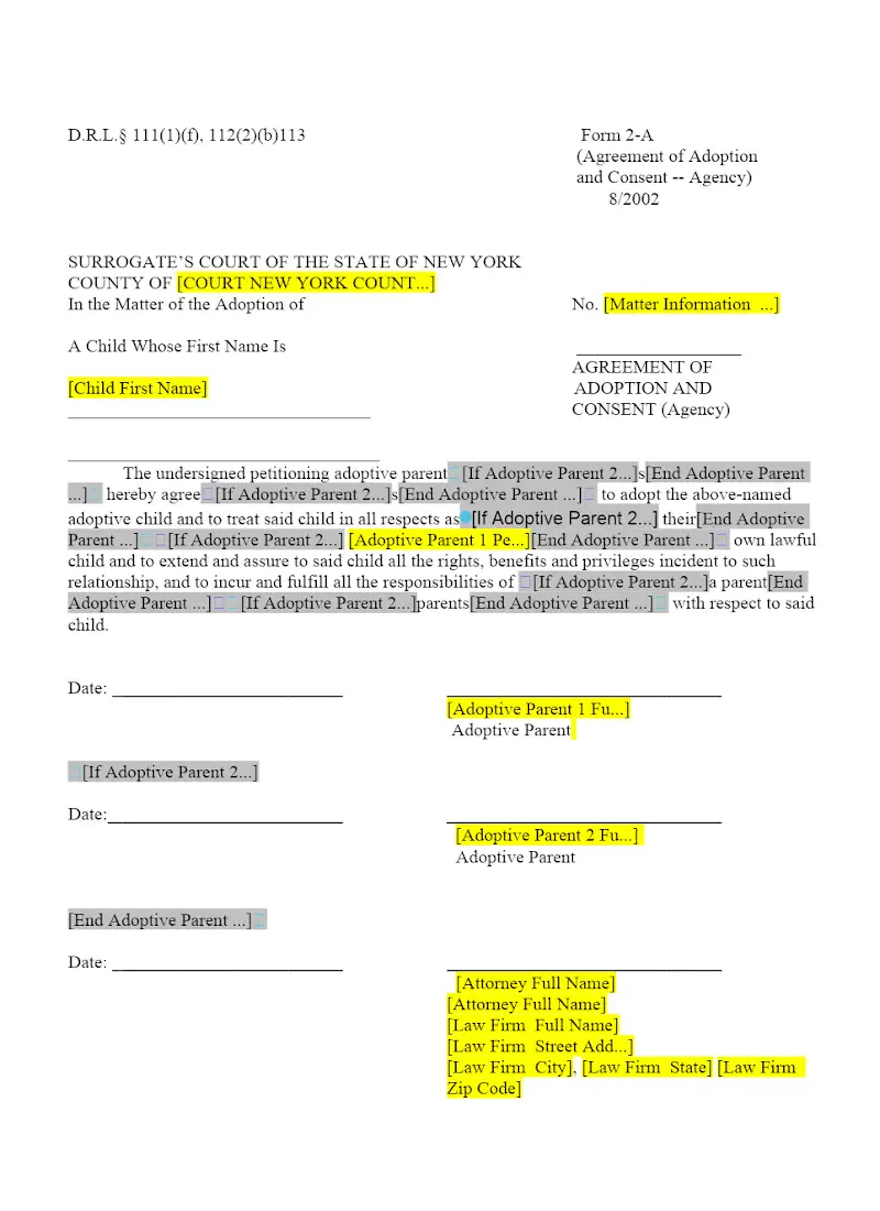 Agreement of Adoption & Consent (Agency) (2-A)