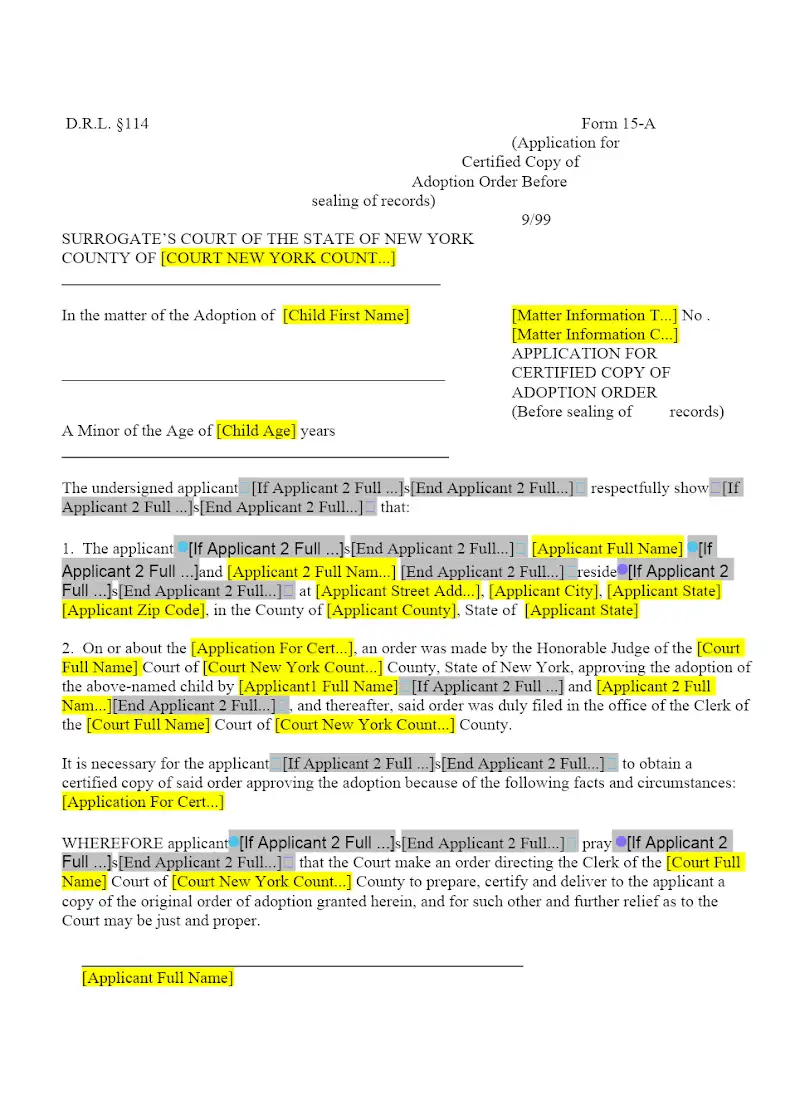 Application for Certified Copy of Adoption Order (Before sealing of records) (15-A)