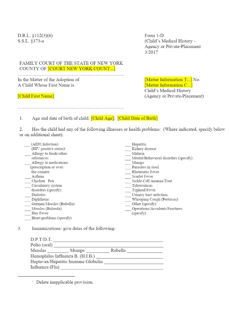 Child's Medical History (1-D)