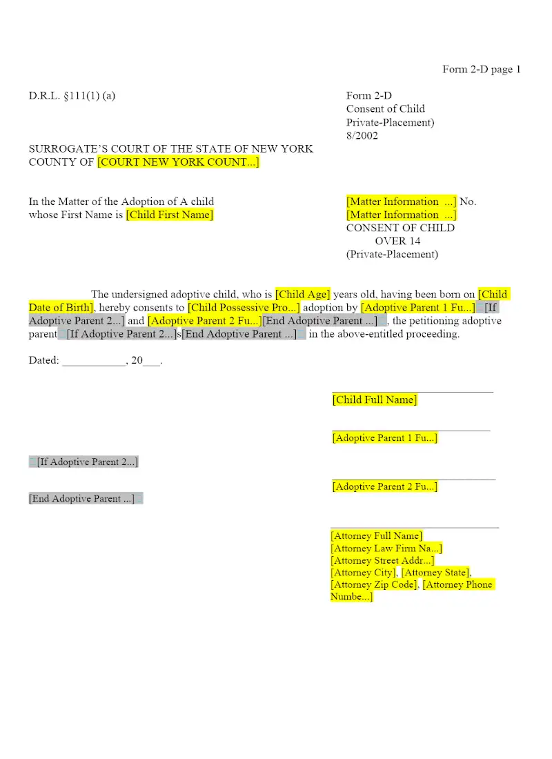 Consent of Child Over 14 (Private Placement) (2-D)