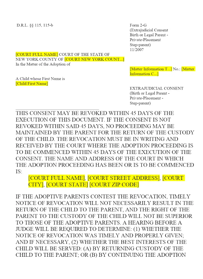 Extra-Judicial Consent (Birth or Legal Parent - Private Placement) (2-G)