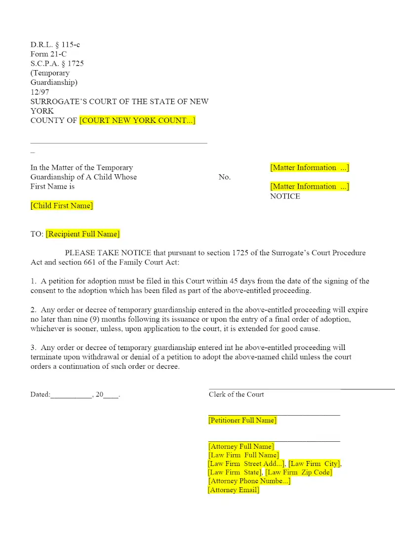 Notice (Temporary Guardianship of the Person) (21-C)