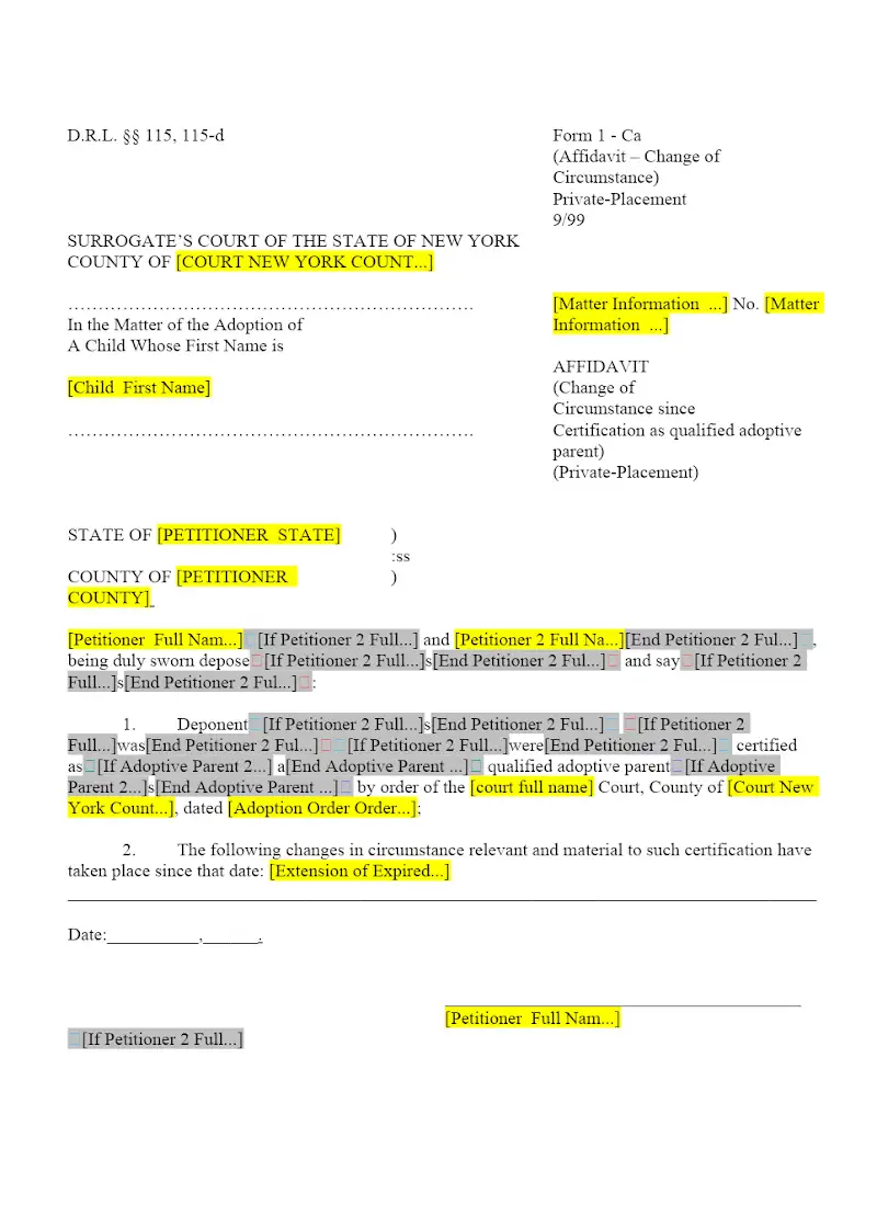 Affidavit (Change of circumstance since certification as qualified adoptive parents) (Private Placement) (1-Ca)