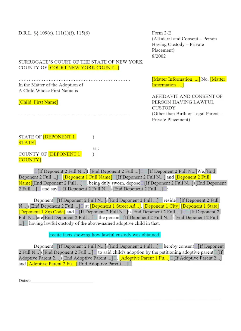 Affidavit And Consent of Person Having Lawful Custody (Other than Birth or Legal Parent - Private Placement) (2-E)