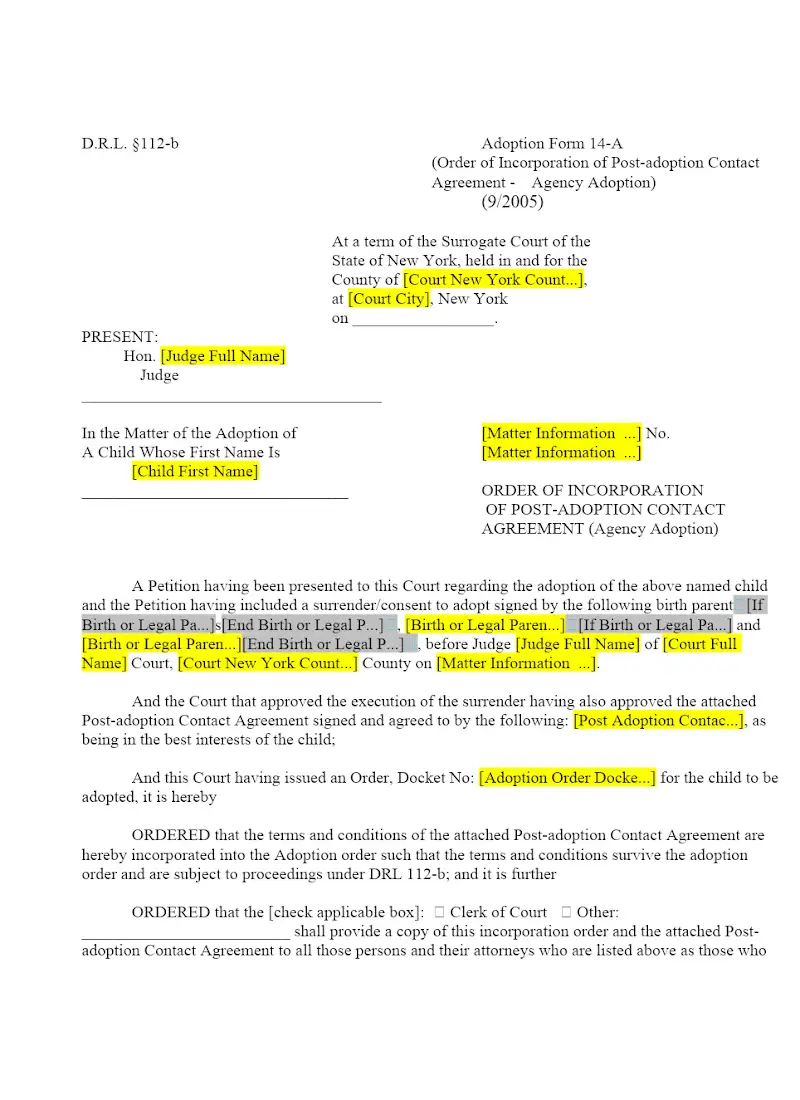 Order Of Incorporation Of Post-adoption Contact Agreement (14-A)