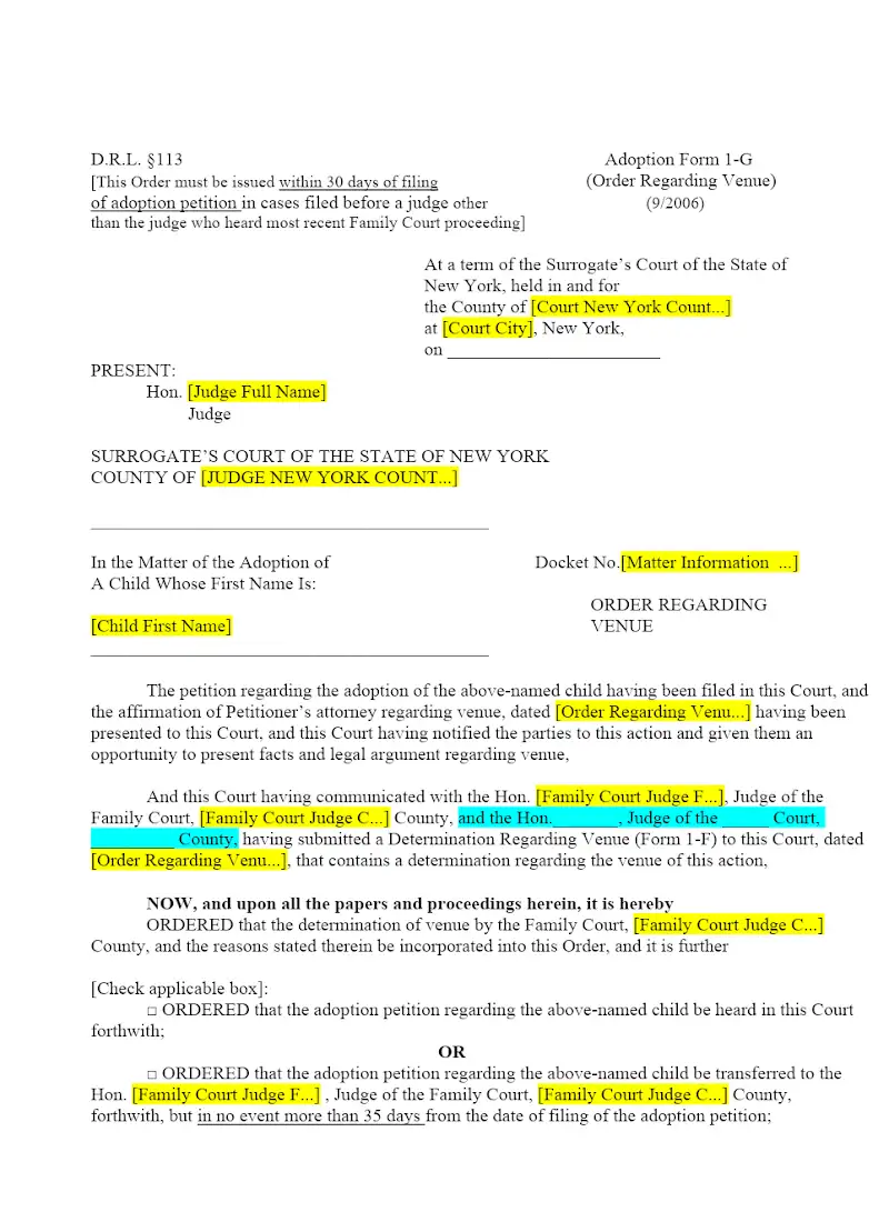 Order Regarding Venue (1-G)