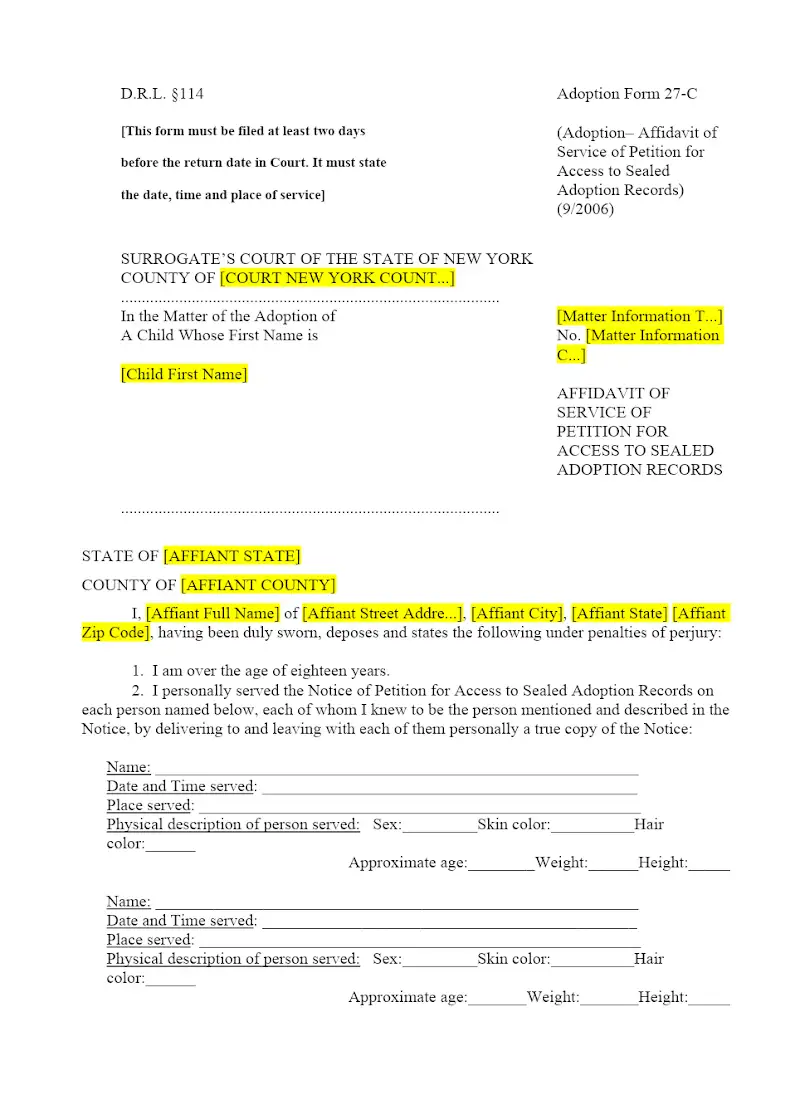 Affidavit of Service of Notice of Petition for Access to Sealed Adoption Records (27-C)