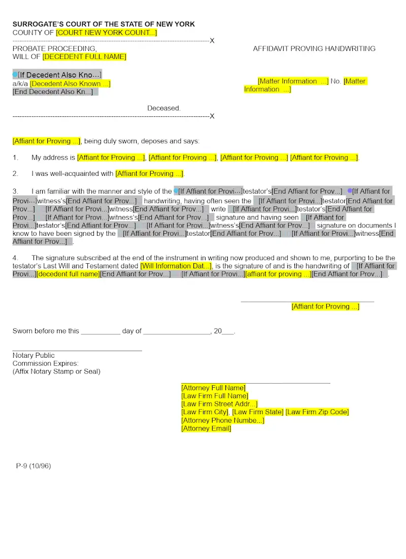 Affidavit Proving Handwriting (Form P-9)