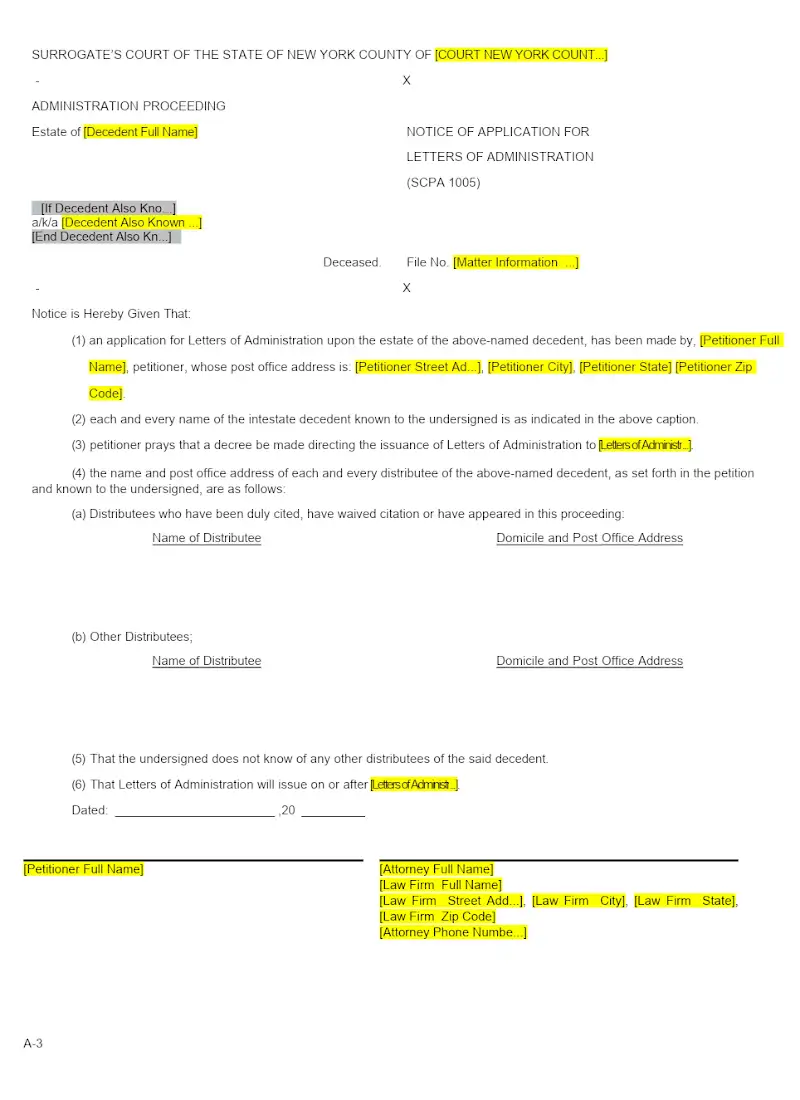 Notice of Application for Letters of Administration (Form A-3)