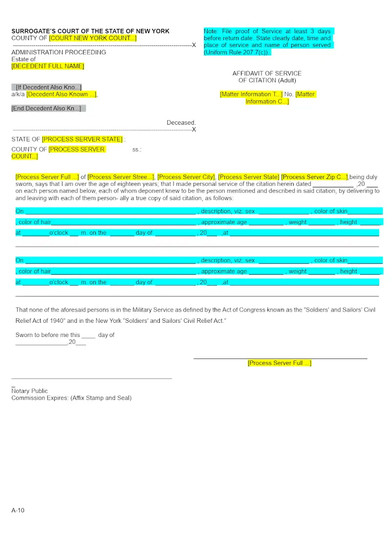 Affidavit of Service of Citation (Adult) (Form A-10)