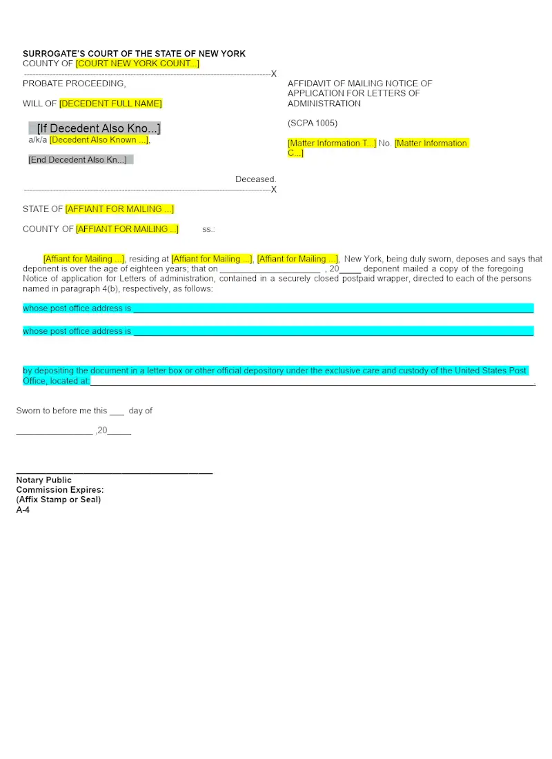 Affidavit of Mailing Notice of Application for Letters of Administration (Form A-4)