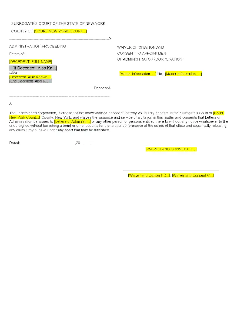 Waiver of Citation and Consent to Appointment of Administrator (Corp.) (Form A-9)