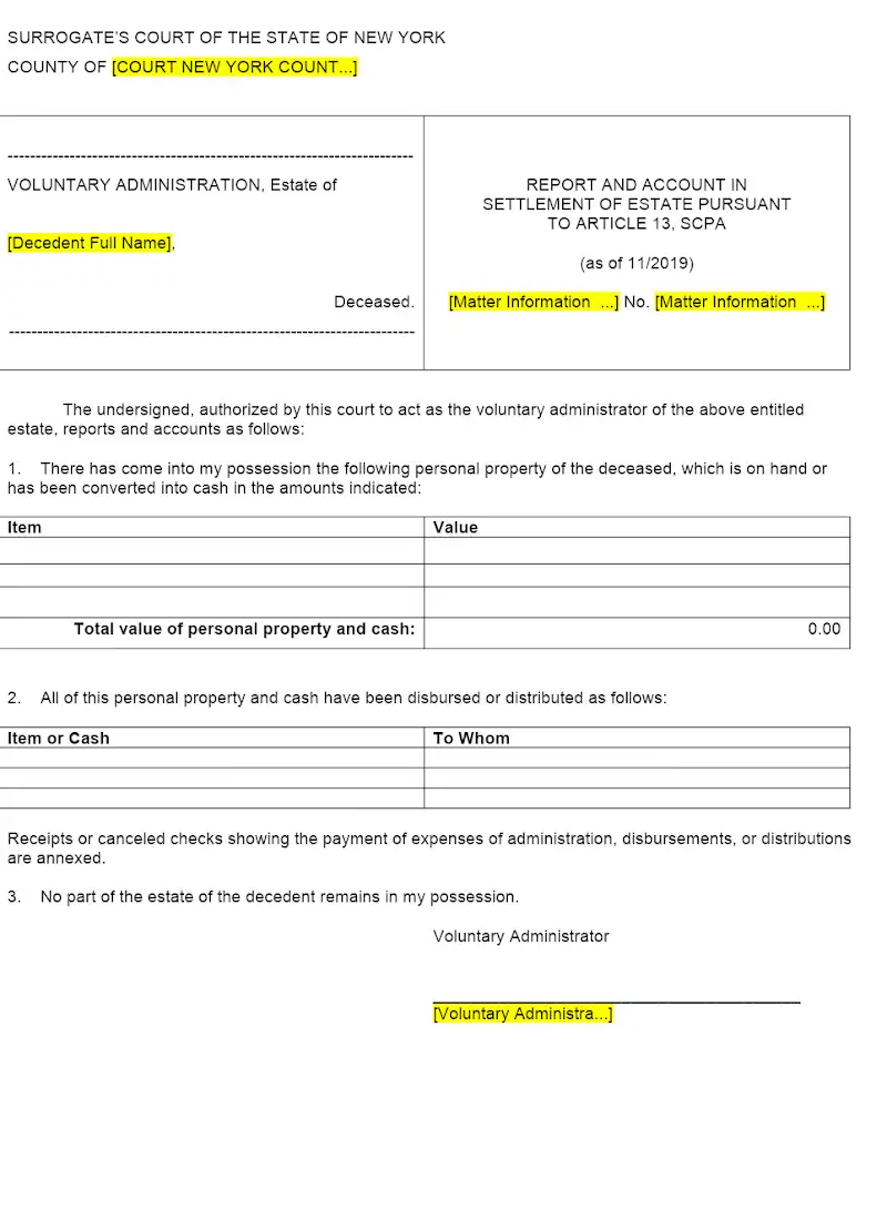 Report & Account in Settlement of Estate Pursuant to Article 13, SCPA