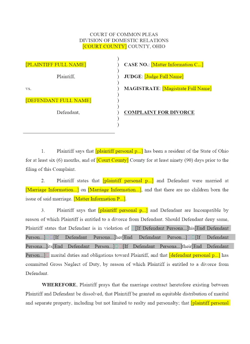 Complaint for Divorce (no kids)