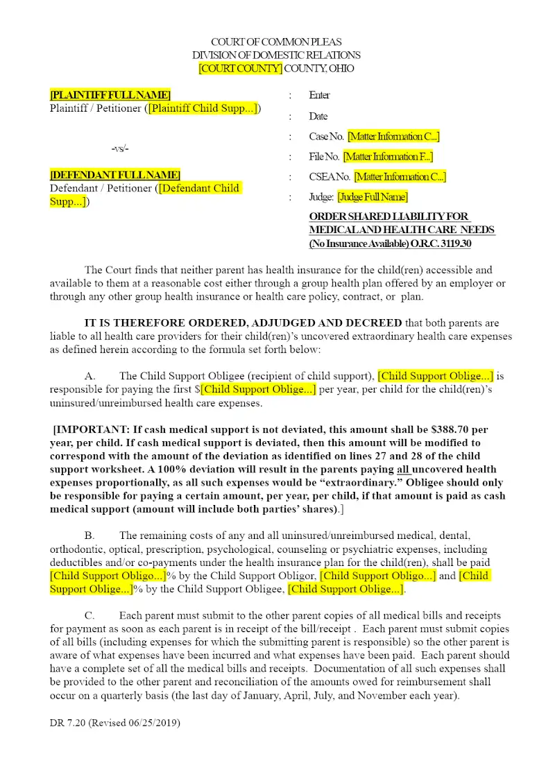 Order for Shared Liability, Healthcare (DR 7.20)